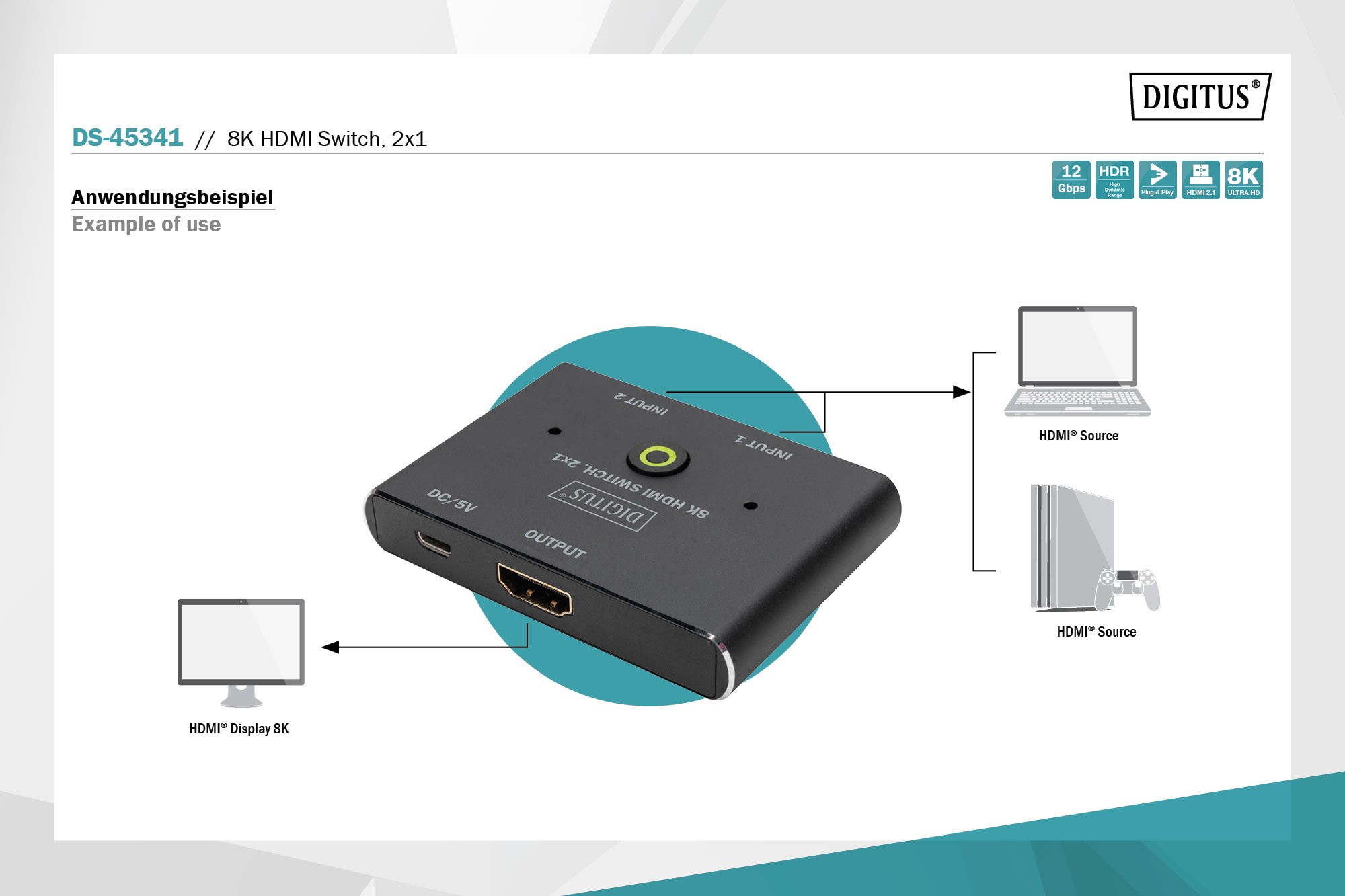 DS-45341  Conmutador 2x1 HDMI  2x1 8K/60 Hz, pulsando un botón o con detección automática, sin un molesto cambio de conectores.
