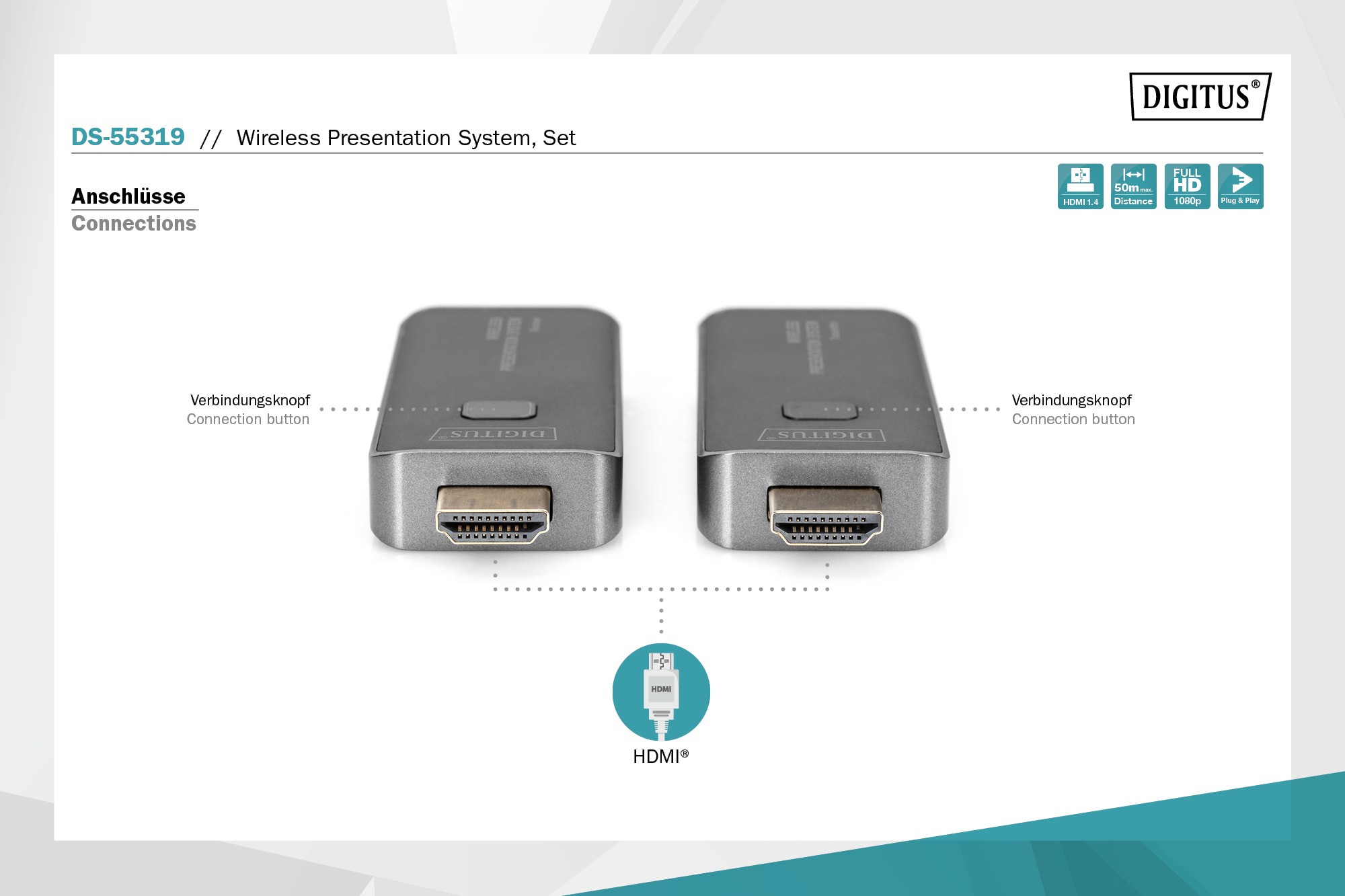 DS-55319  Kit extensor HDMI inalámbrico, 50 m Dongle, hasta 16 a 1,Full HD, Mobile Screen Sharing