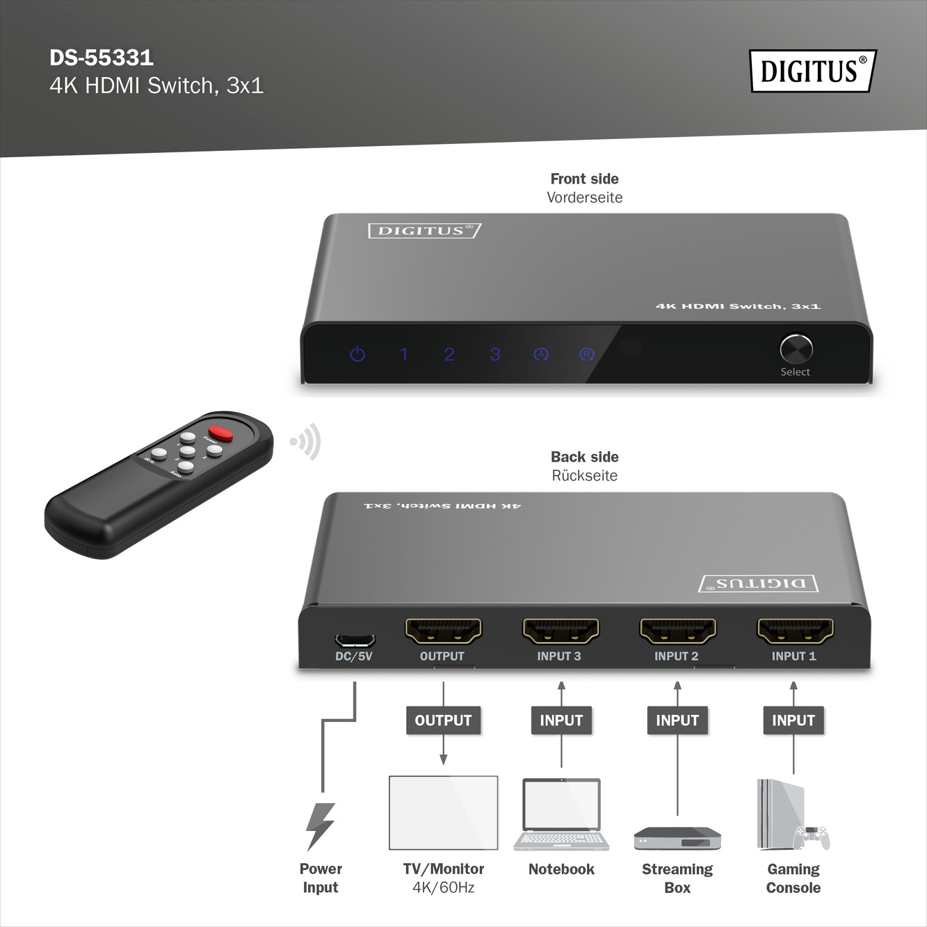 DS-55331  Conmutador 3x1 HDMI  4K/60 Hz HDCP 2.3
