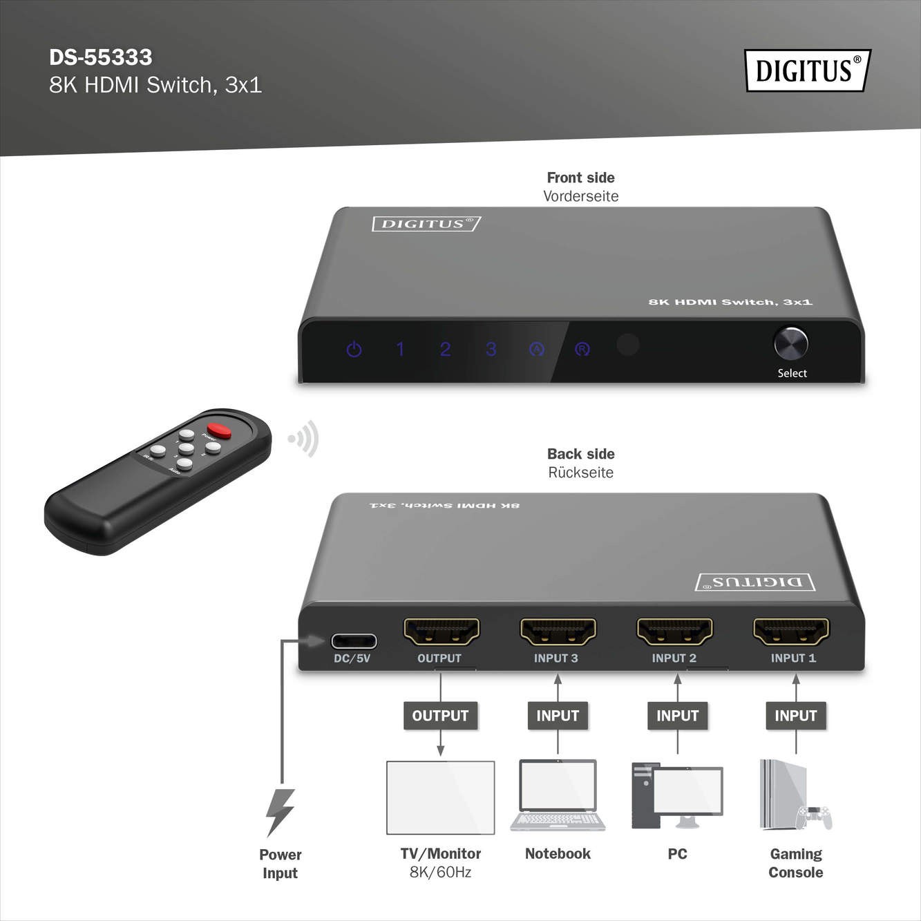 DS-55333  Conmutador 3x1 HDMI 8K/60 Hz (4:4:4), HDR, HDCP 2.3