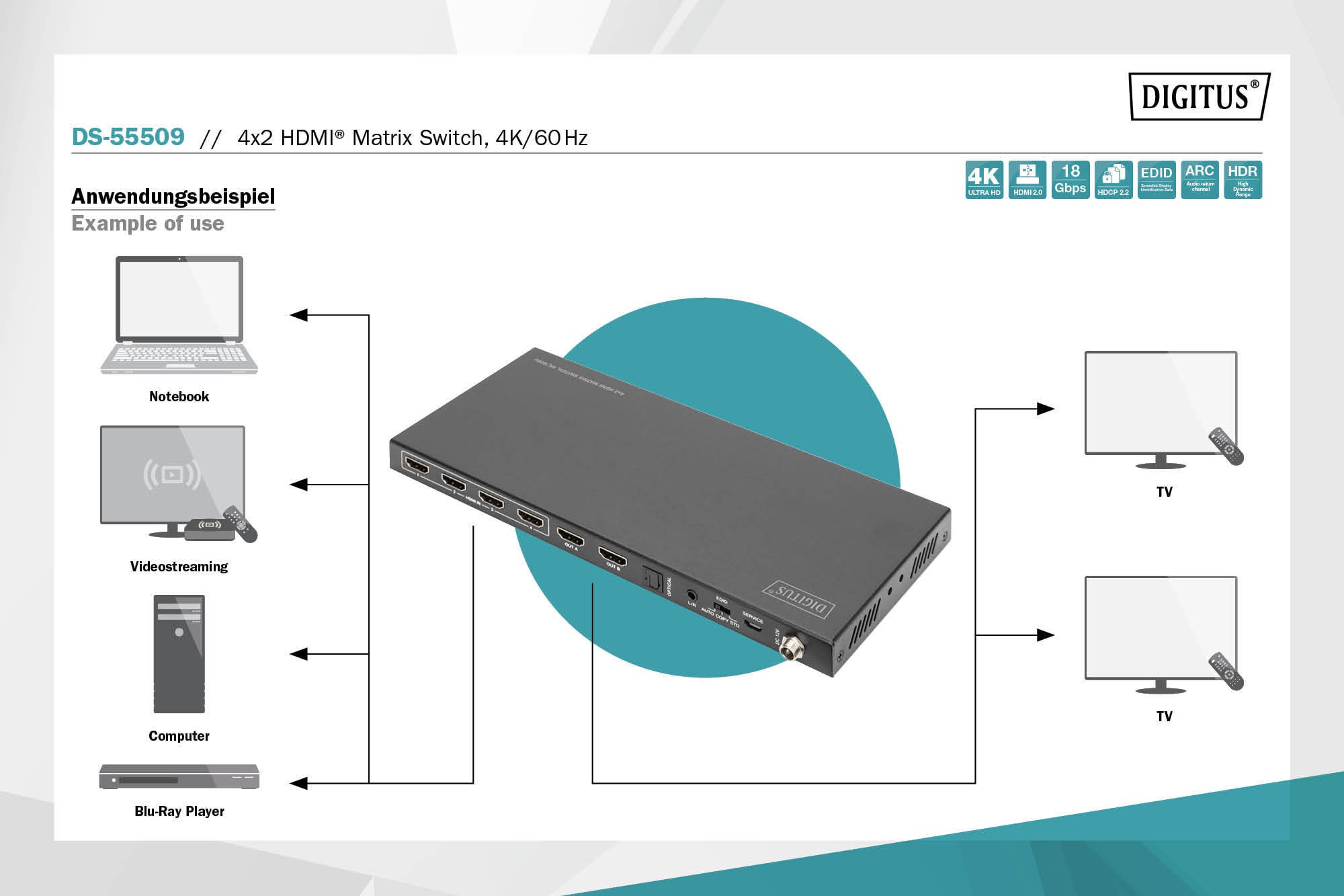 DS-55509  4x2 HDMI Matrix Switch, 4K/60Hz Scaler, EDID, ARC, HDCP 2.2, 18 Gbps