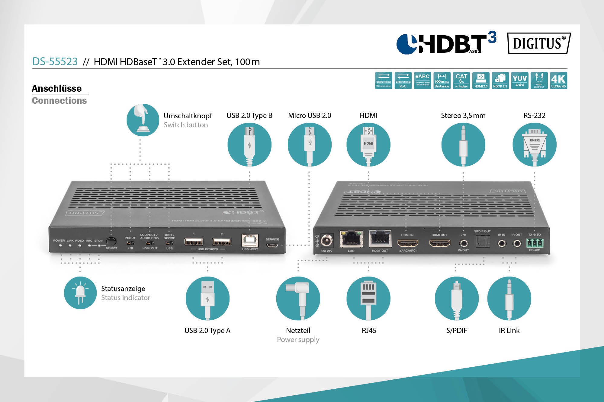 DS-55523  Kit extensor KVM HDBaseT 3.0, 100 m USB 2.0, PoC, RS232, IR, eARC/ARC, negro