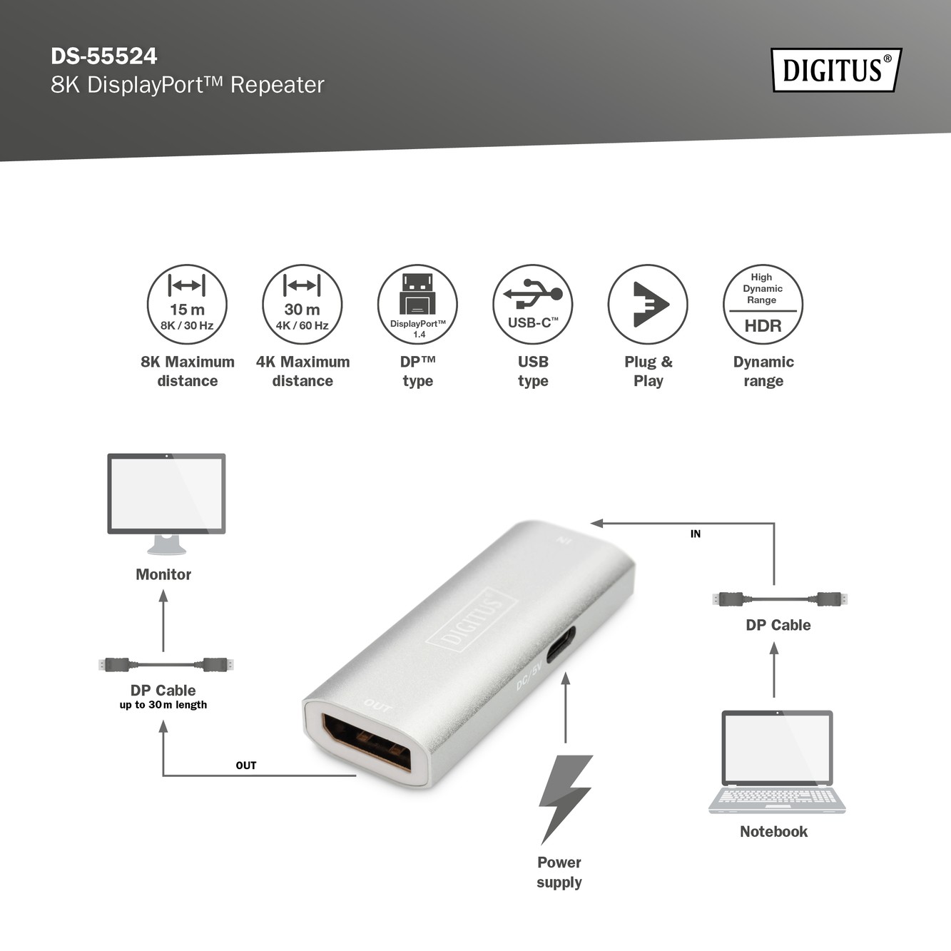 DS-55524  Repetidor 8K DisplayPort 30m Digitus
