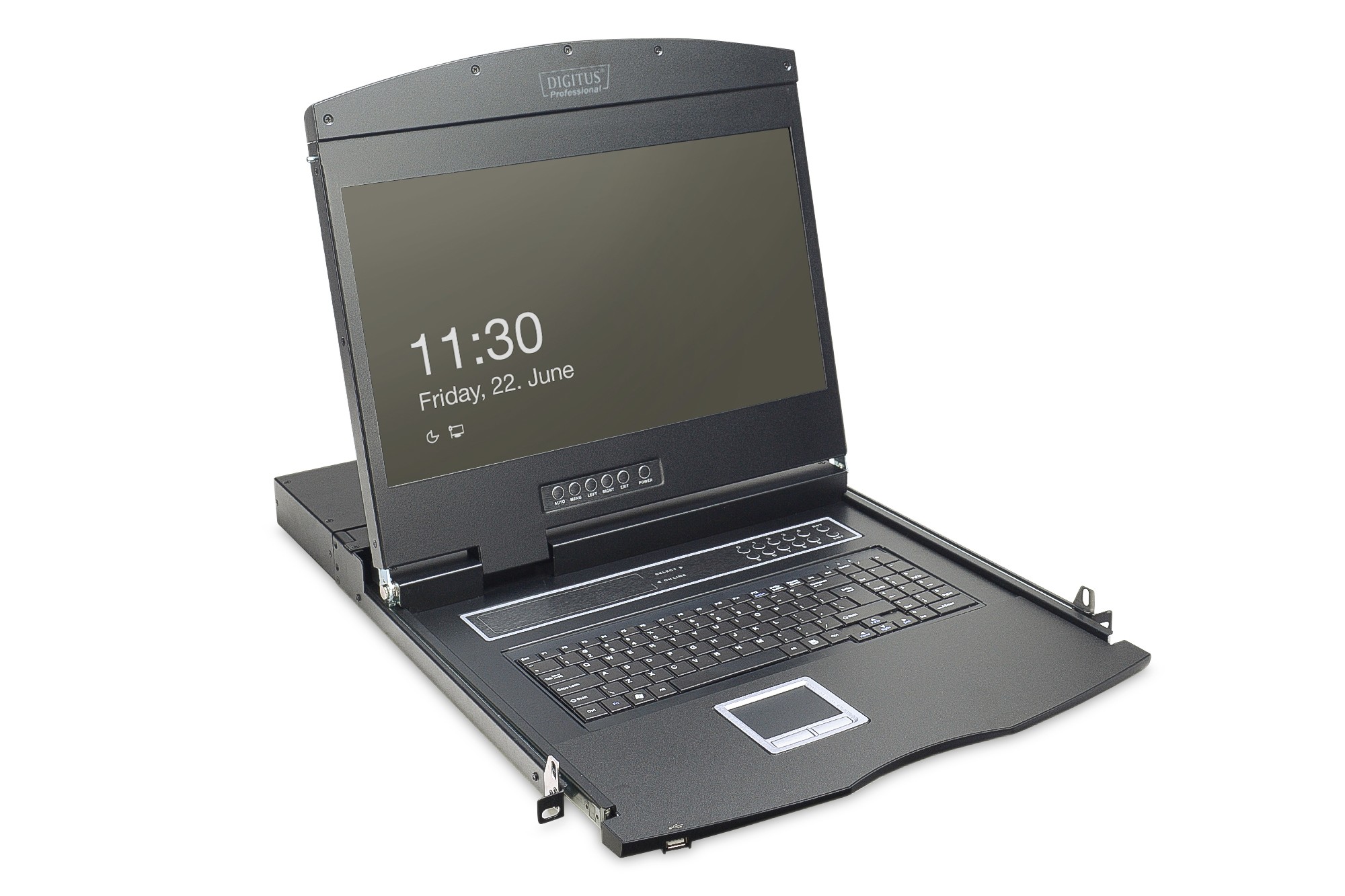 DS-72211-4GE  Consola modular con TFT de 19" (48,3 cm), KVM CAT 5 de 8 puertos y teclado t&aacute;ctil, teclado DE, 9005 bw incluido 8 dongles Cat.5