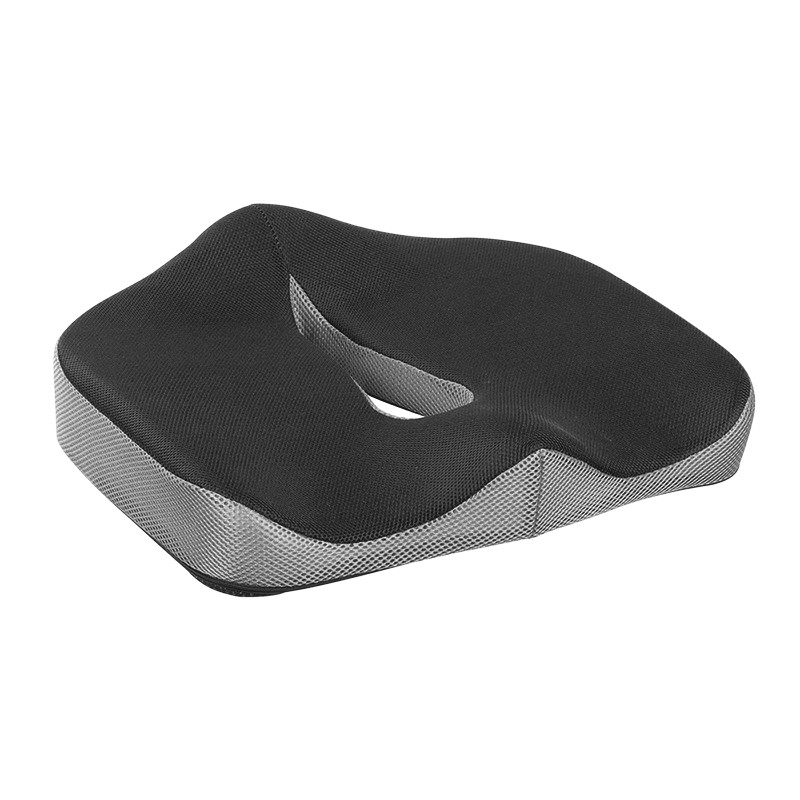 EO0088  Coj&iacute;n ortop&eacute;dico para el coxis con espuma viscoel&aacute;stica y asa de transporte, color negro.