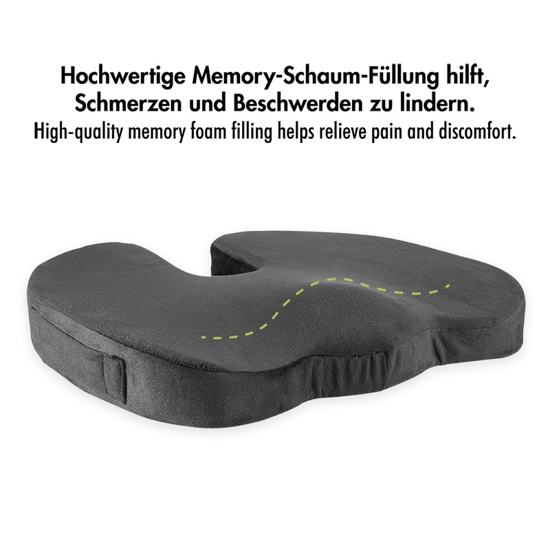 EO0089  Coj&iacute;n ortop&eacute;dico para asiento con espuma viscoel&aacute;stica y asa, color negro.