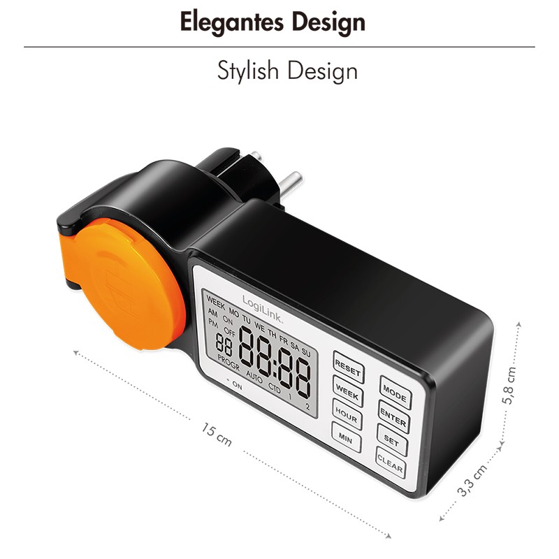 ET0016  Temporizador de exterior con pantalla LCD de 2,2", CEE 7/3, IP44, 3600 W, color negro/naranja