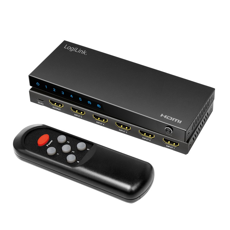 HD0060  Conmutador 5x1 HDMI  5x1 4K/60 Hz, HDCP, HDR, CEC, RC, metal i Logilink