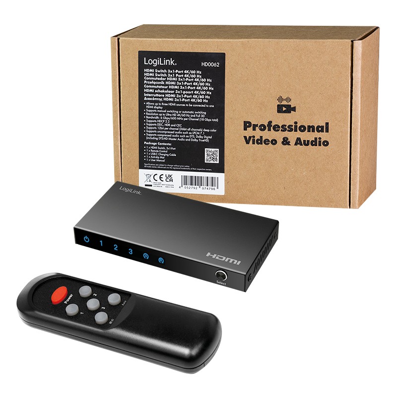 HD0062  Conmutador 3x1 HDMI  3x14K/60 Hz, HDCP, HDR, CEC, RC Logilink