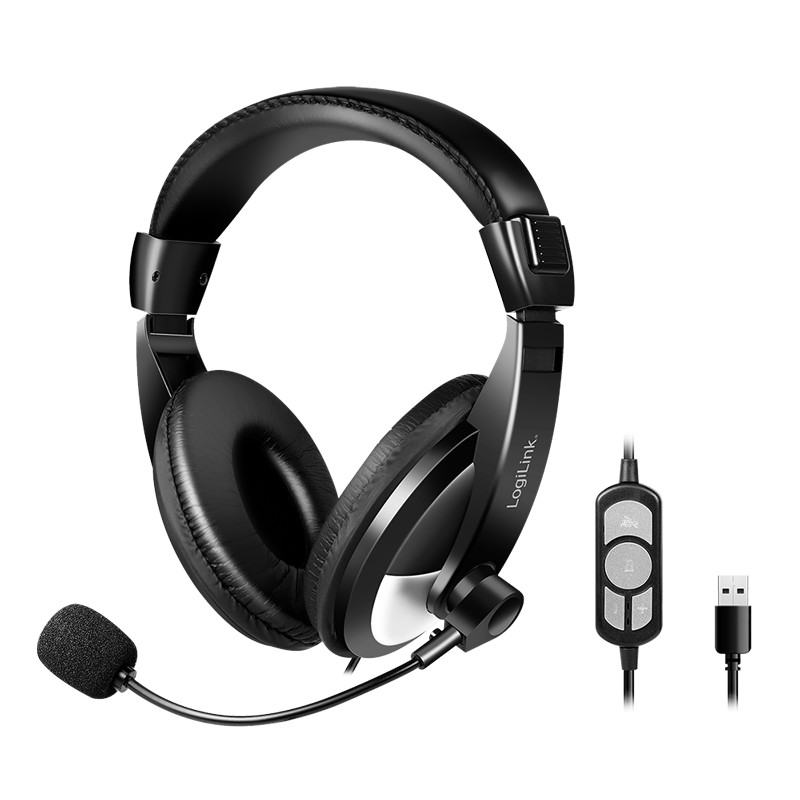 HS0019A  Auriculares estéreo con controlador, 1 conector USB-A, micrófono de brazo, color negro