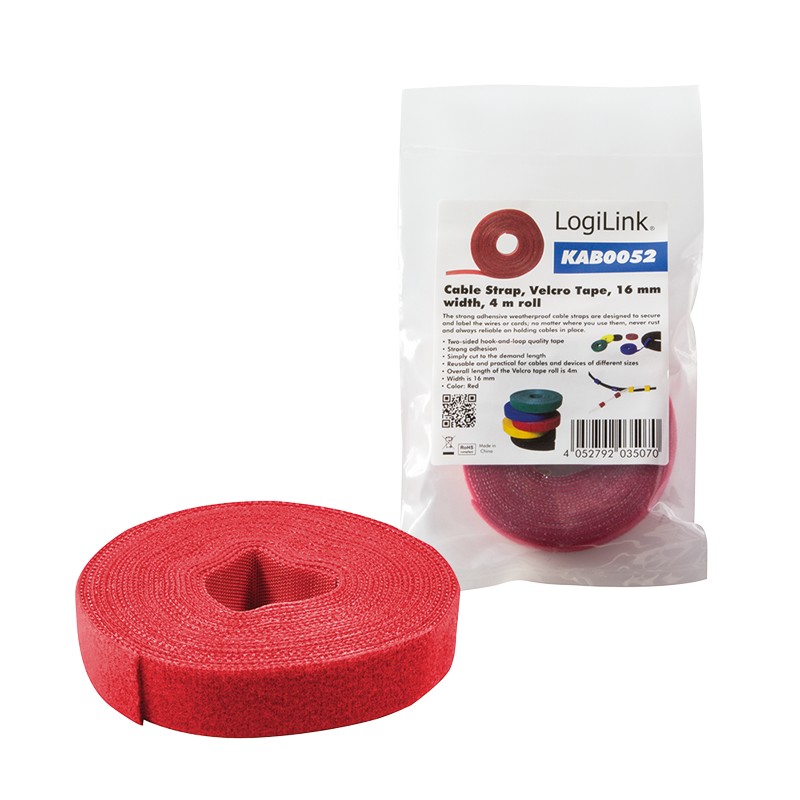 KAB0052  Rollo de Cierre de velcro enrollada Rojo  4m x 16mm Logilink