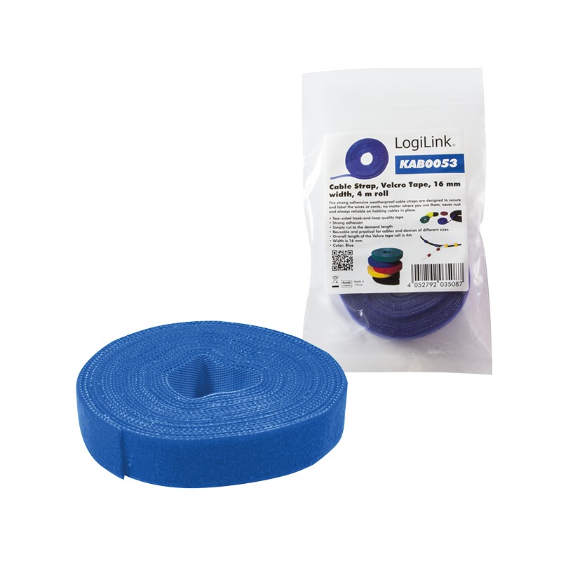 KAB0053  Rollo de Cierre de velcro enrollada Azul  4m x 16mm Logilink