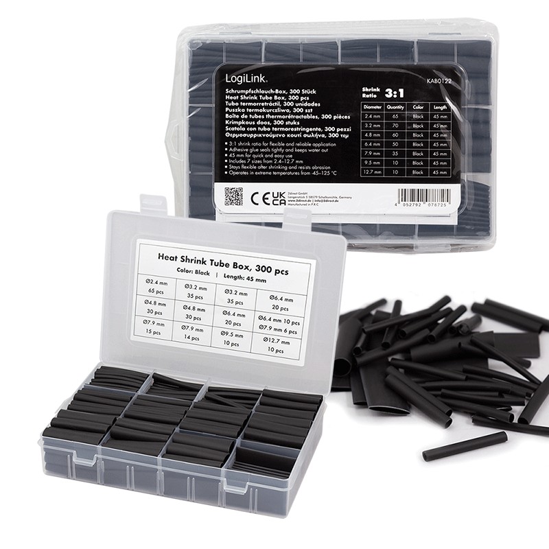 KAB0122  tubos termorretráctiles, Caja con 300 piezas, 45 mm de longitud, relación de contracción 3:1, color negro