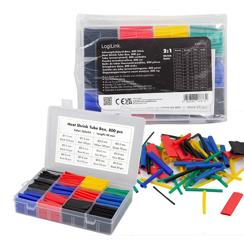 KAB0123  tubos termorretráctiles, Caja con 800 piezas, 45 mm de longitud, relación de contracción 2:1, colores mezclados
