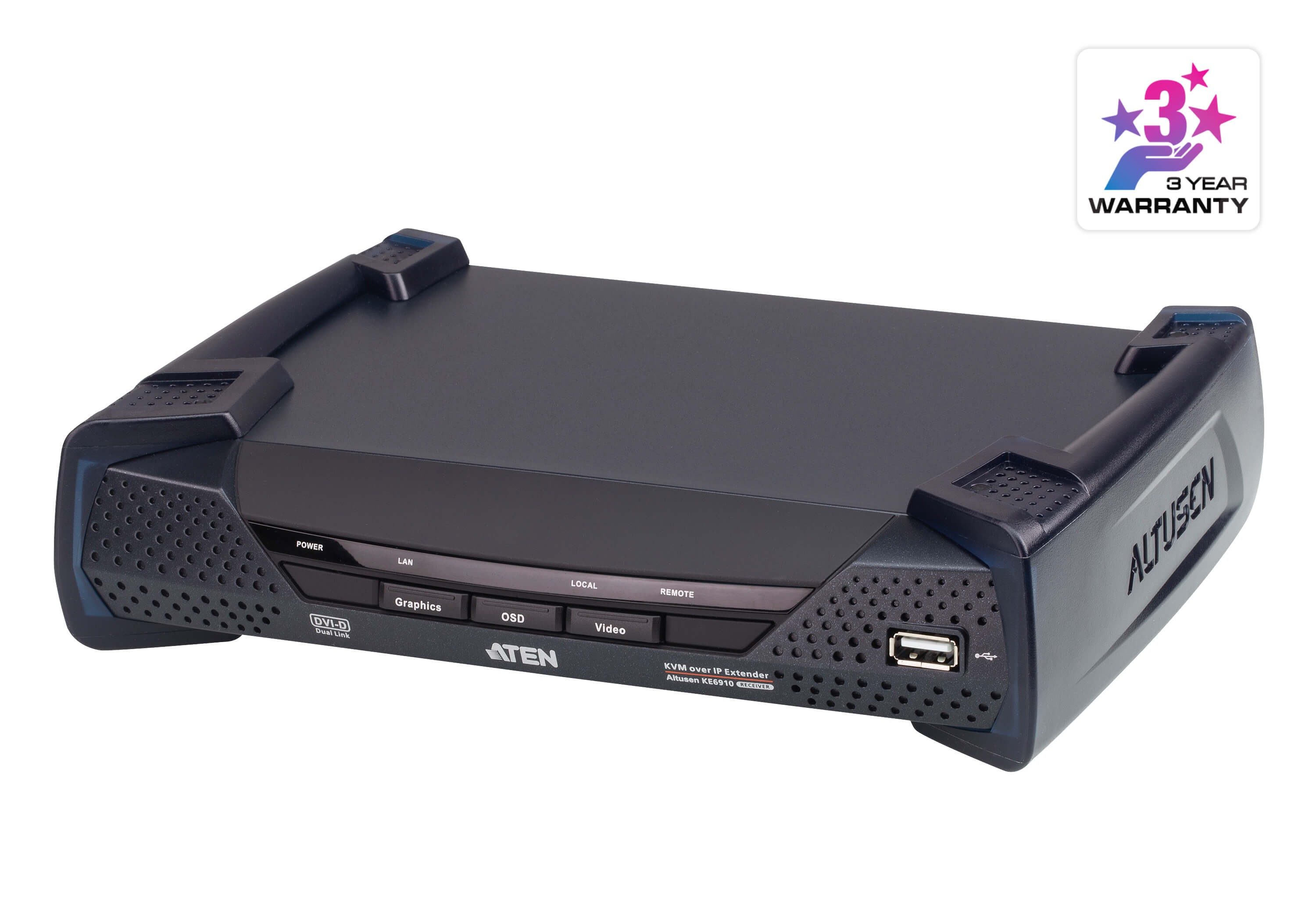 KE6910R  USB 2K DVI-D Dual Link KVM over IP Receiver with USB Peripheral Support, Power/LAN Redundancy (SFP Slot), RS-232 Control and Aud