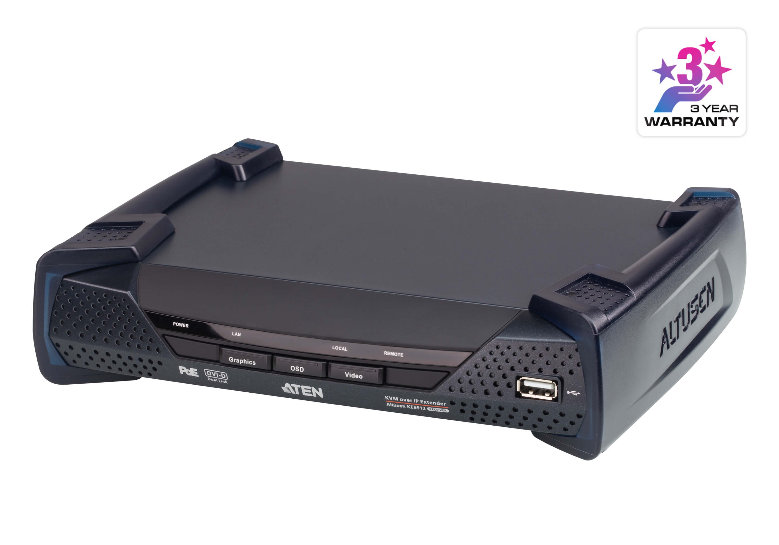 KE6912R  USB 2K DVI-D Dual Link KVM over IP Receiver with USB Peripheral Support, Power/LAN Redundancy (SFP Slot - PoE), RS-232 Control a