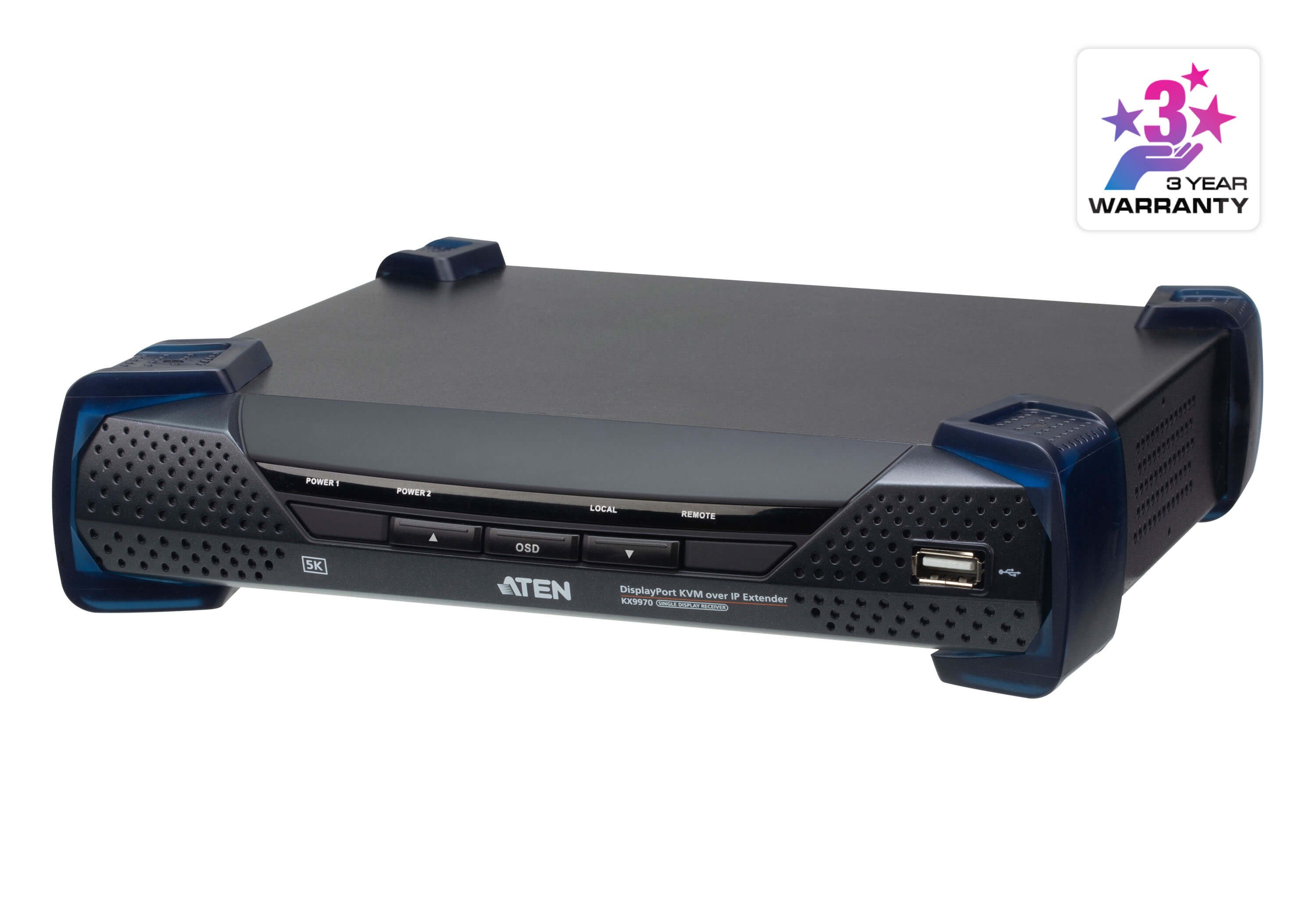 KX9970R-AX-G  5K DisplayPort KVM over IP Receiver with USB Isochronous Transfer, Power/LAN Redundancy (2x10Gbps SFP+ slots), 1xRJ-45