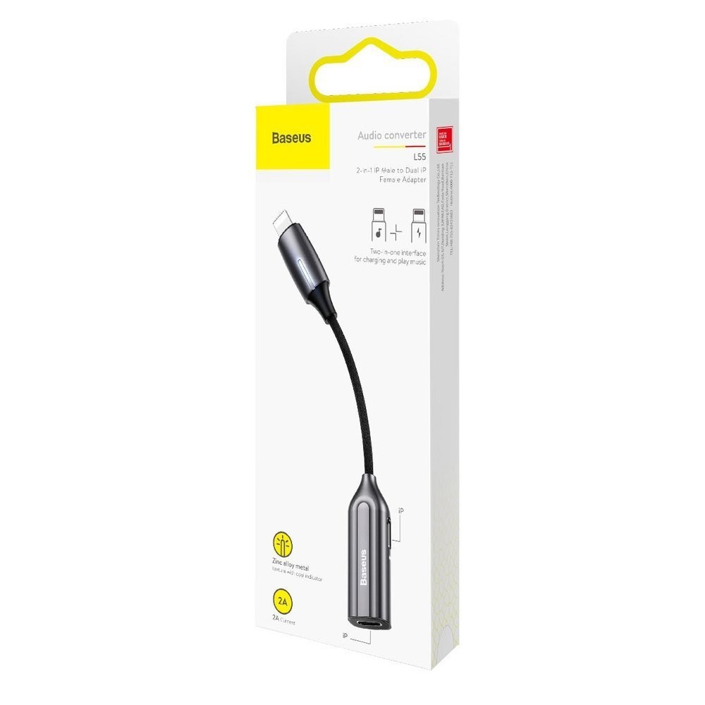 L55  Cable Adaptador Lightning-2x Lightning,auricular i carga, Gris Baseus