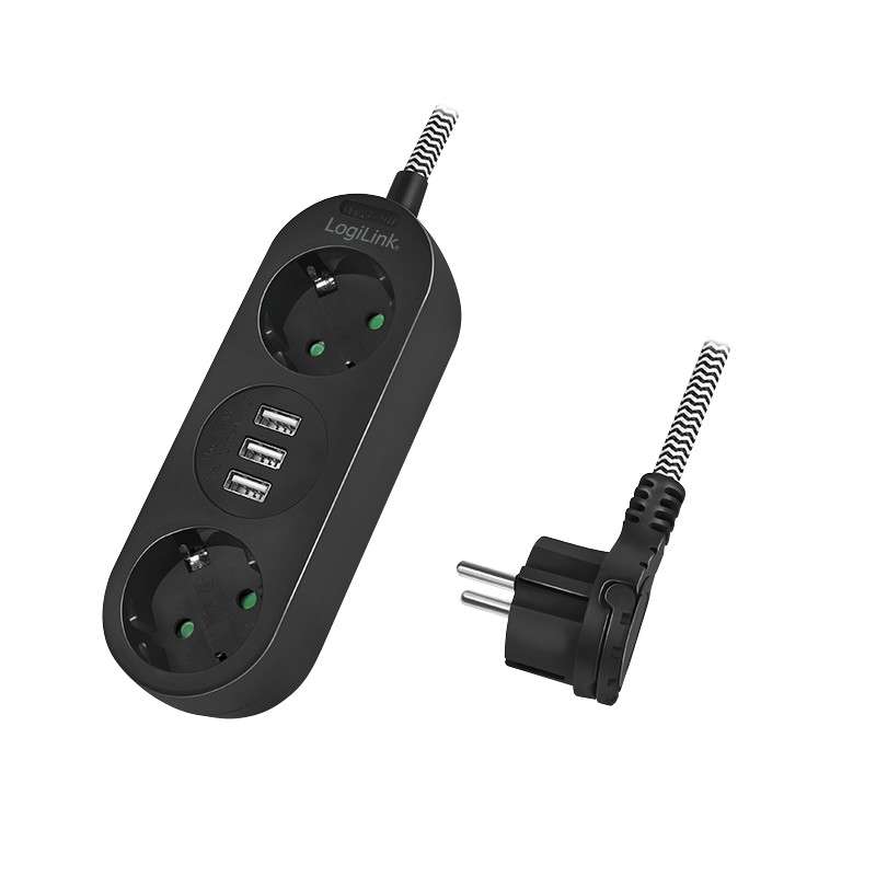 LPS262U LOGILINK - Regleta de enchufes de 2 vías, 2x CEE 7/3 + 3x USB-A,  cable textil, negro