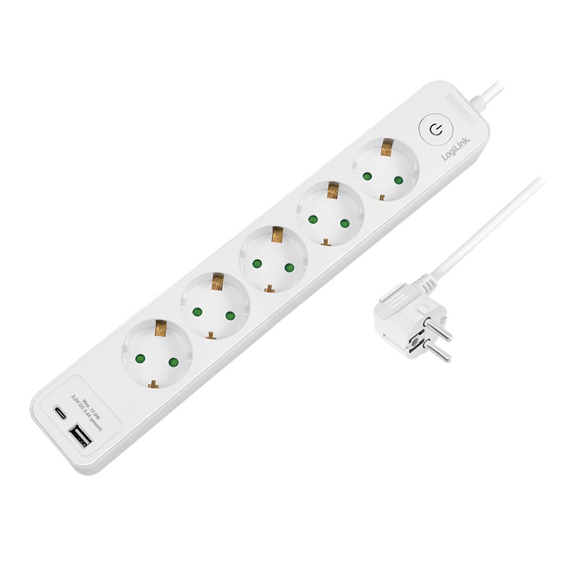 LPS280U  Regleta de  5 tomas  + 2 USB, 1x USB-A, 1x USB-C, 1.5 m, Blanco Logilink