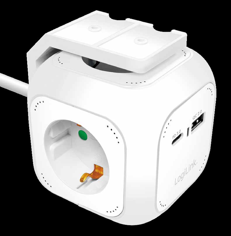 LPS283U  Regleta de  4 tomas Sobremesa + 2 USB, / 1x USB-A, 1x USB-C, 20W PD Formato Cubo Blanca Logilink
