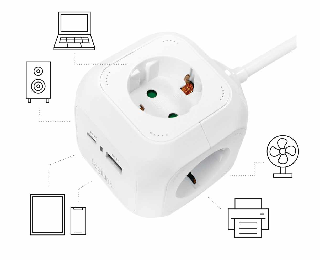 LPS283U  Regleta de  4 tomas Sobremesa + 2 USB, / 1x USB-A, 1x USB-C, 20W PD Formato Cubo Blanca Logilink