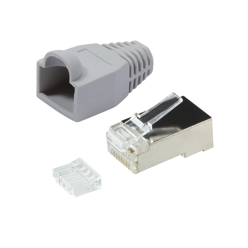 MP0021  Conector modular Cat 6 RJ45 Macho STP Apantallado + Capuchon Gris ( precio de 1 bolsa de 100 unidades )