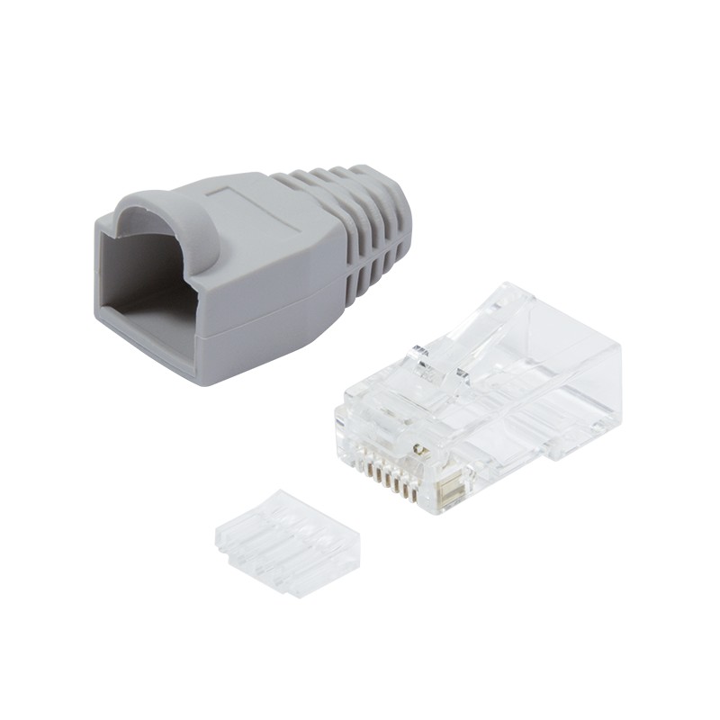 MP0023  Conector modular Cat 6 RJ45 Macho UTP No apantallado + Capuchon Gris ( precio de 1 bolsa de 100 unidades )