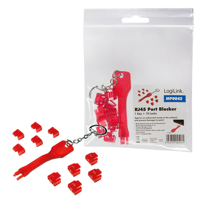 MP0042  Bloqueador de puertos RJ45, 1 llave + 10 bloqueadores  Rojo Logilink