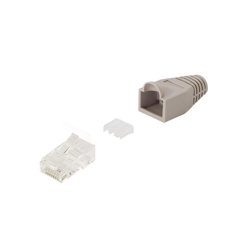 MP0072  Conector modular Cat 6A RJ45 M UTP +Capuchon Gris ( precio de 1 bolsa de 100 unidades )