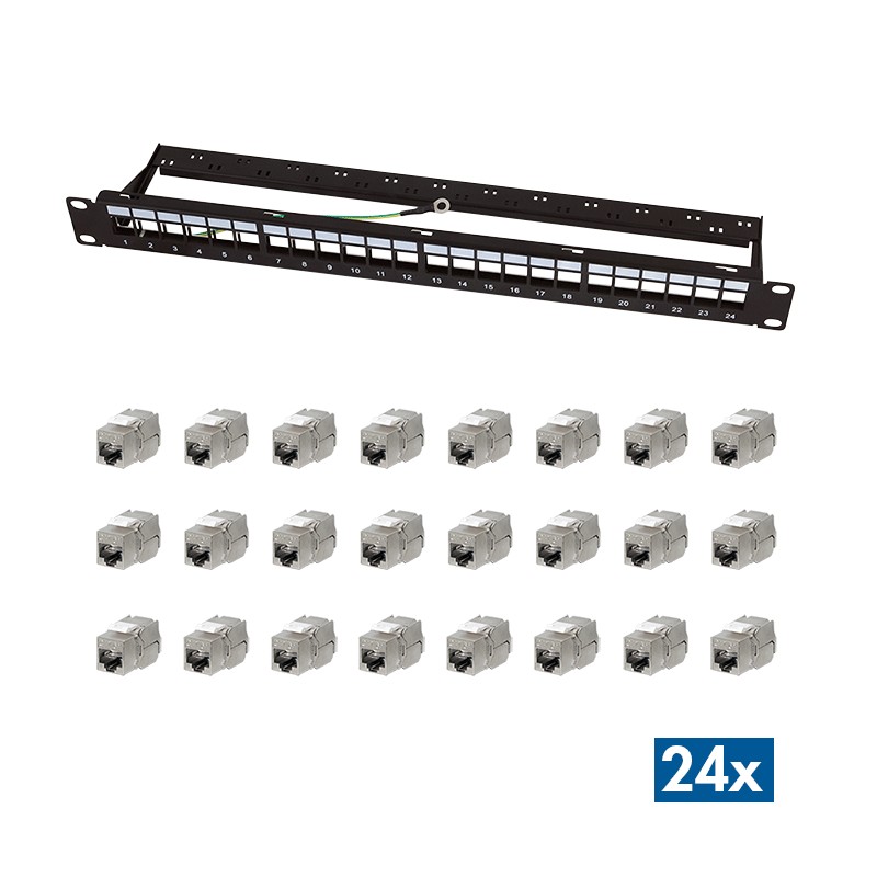 NK5001  Panel modular de 24 puertos Cat.6A Keystone, 1U, montaje en rack de 19", PrimeLine Negro 1U Logilink