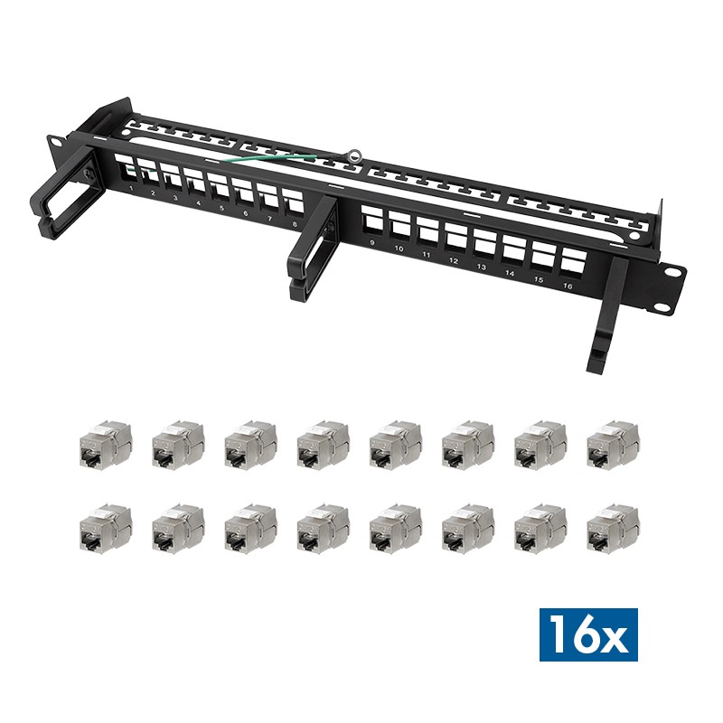 NK5005  Panel modular Keystone de 16 puertos Incluidos RJ45 Cat.6A, con 3 anillas para cables, rack de 19". Negro 1U Logilink