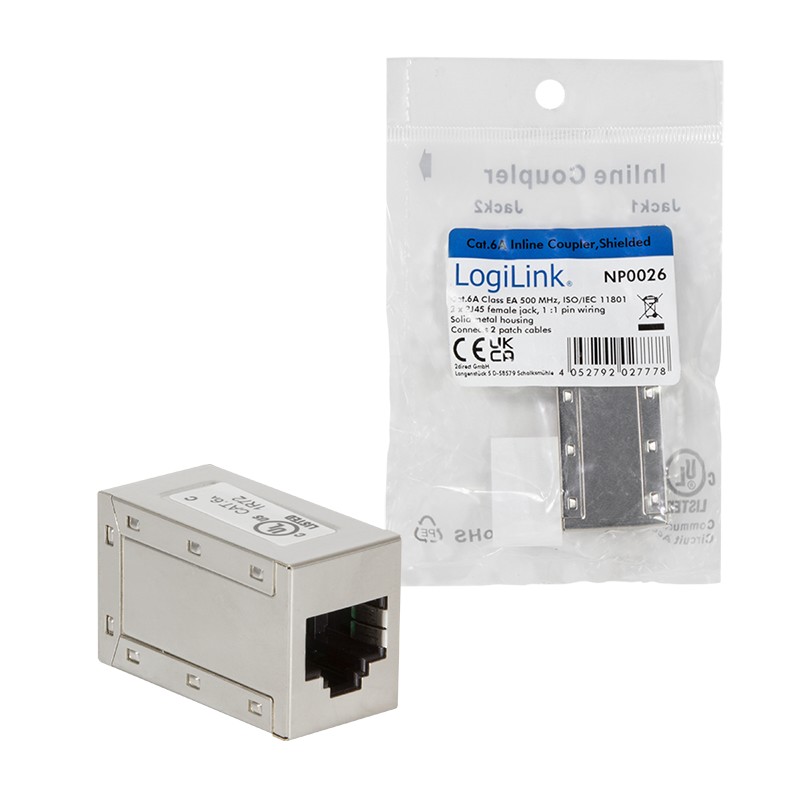 NP0026  Adaptador Cat 6A 2xRJ45 Hembra-Hembra STP Metalico (Mini) Logilink 3P, ETL, UL