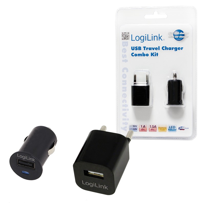 PA0076  Juego de cargador de viaje USB, cargador de vehículo y de enchufe, cada uno 1x USB-A, 5 W/7,5 W