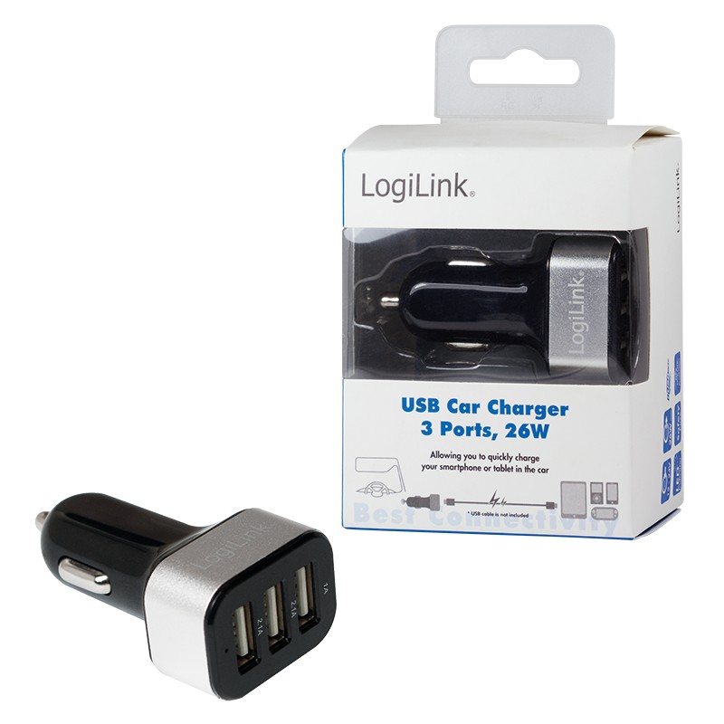 PA0082  Cargador 3 puertos USB, 25,5W USB-A Toma Mechero para coche 5,1A, 25,5W Logilink Blister