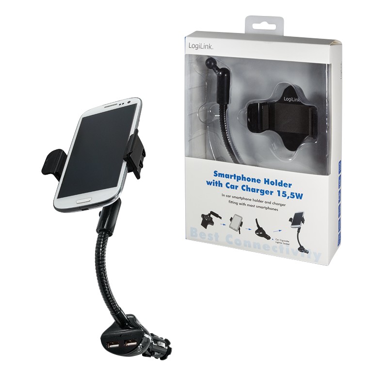 PA0121  Cargador 2 puertos USB, 15,5W USB-A Toma Mechero + Soporte de Movil 60-87mm Blister Logilink