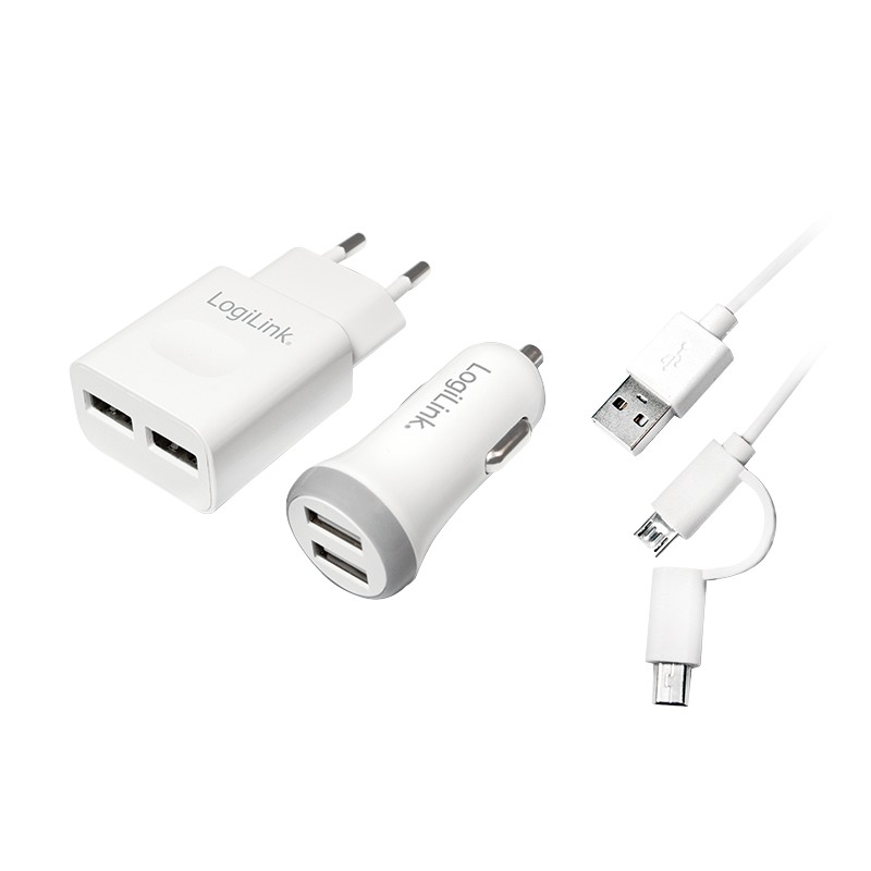 PA0137  Juego de cargador USB, 1 cargador de coche y 1 cargador USB, 2 puertos Con cable  USB 2.0 a Micro USB y Mini USB