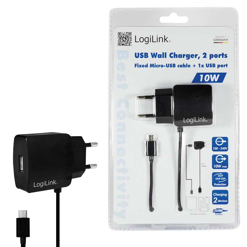 PA0146  Cargador  10 W USB 1 puert. USB-A Negro Salida Lateral Con cable Micro-USB  Logilink Blister **Ultimas Unidades***