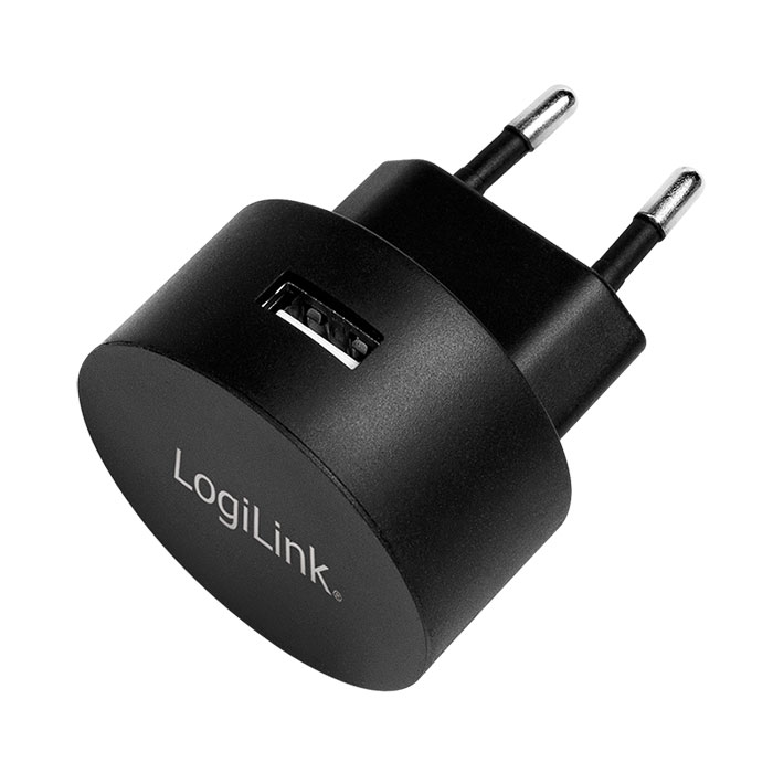 PA0217  Cargador  10,50W USB 1 puert. USB-A Negro FQ Redondo Salida Lateral Logilink Blister