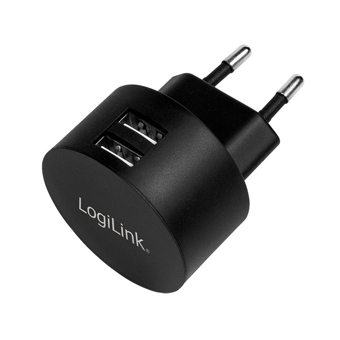 PA0218  Cargador 10,5W USB  2 puert. 10,5W 2,1A Negro Redondo Salida Lateral Logilink