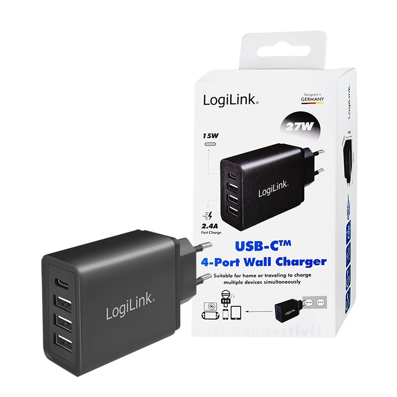 PA0221  Cargador  27W USB 4 puert. USB-C x 1, USB-A X 3 FQ Salida Lateral Logilink