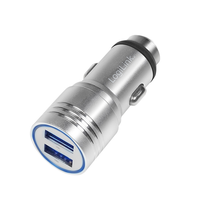 PA0228  Cargador 2 puertos USB, 10,5W USB-A Toma Mechero plata, Con sistema urgecia Rotura de cristal