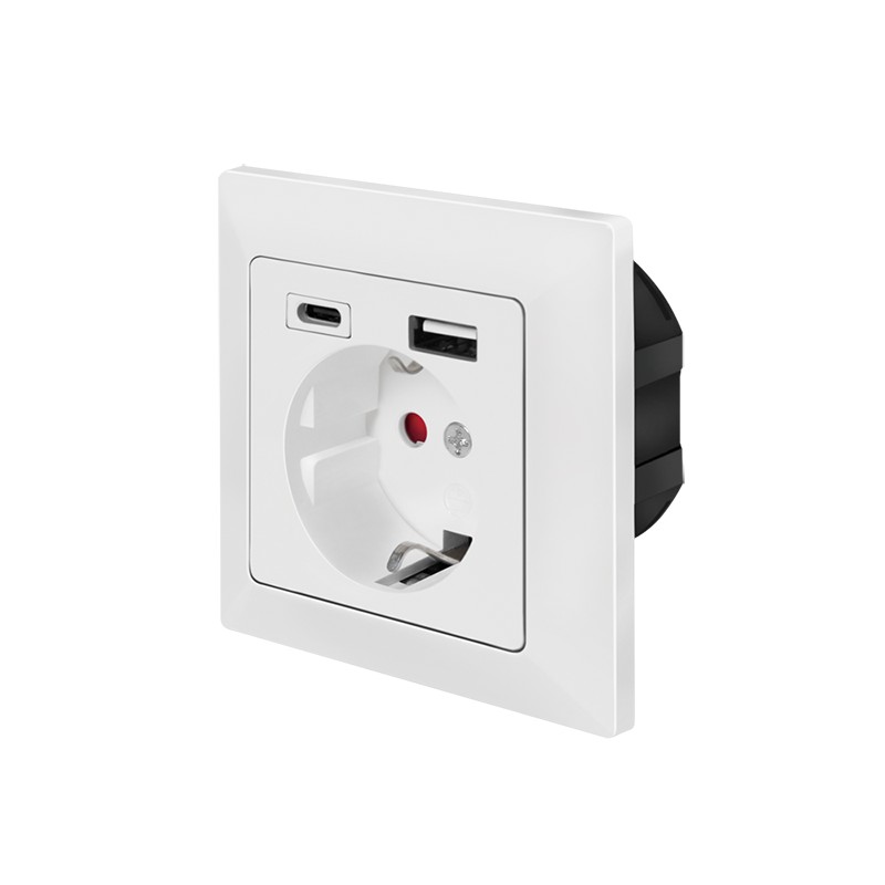 PA0262  Toma de Pared 1 base de enchufe schuko y 1 USB-A 1 USB-C Blanco  Prof. Maxima 30 mm Logilink