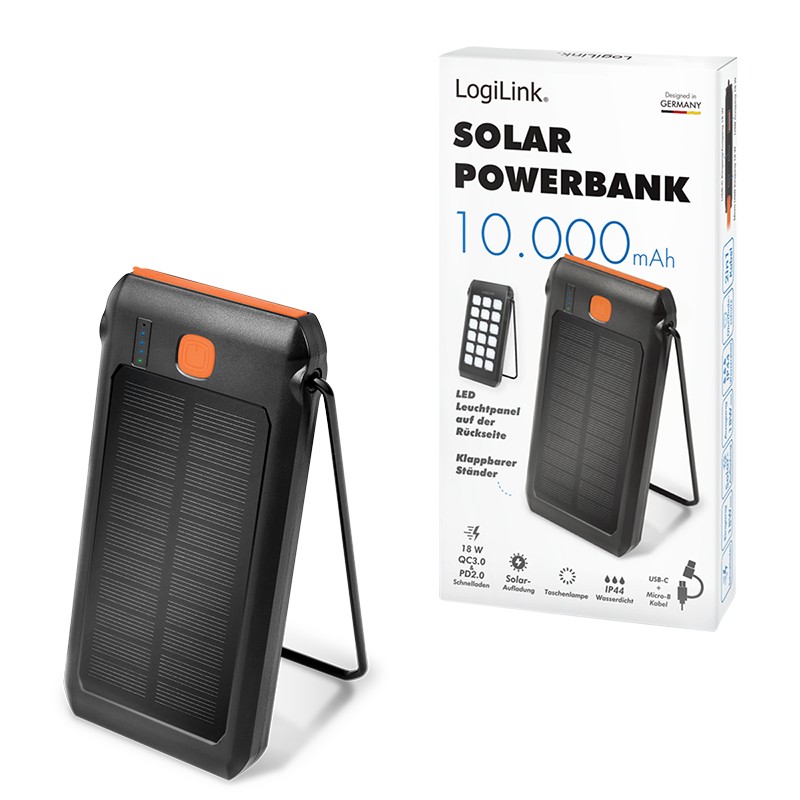 PA0273  Bateria Externa Power Bank 10000  Solar 2 puertos USB-A de control de calidad y 1 puerto USB-C de carga Linterna