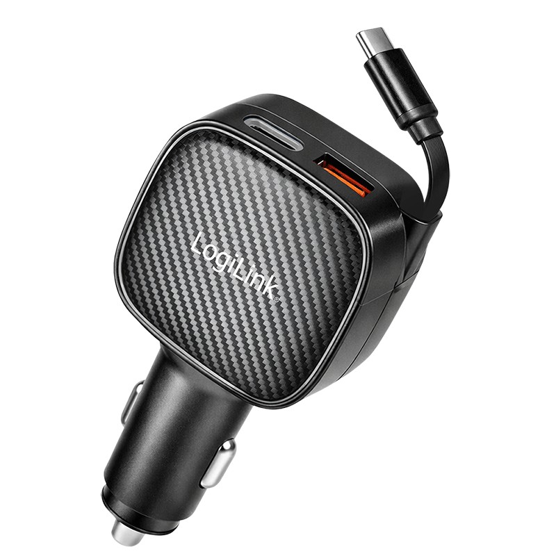 PA0295  Cargador de coche USB, 3 puertos con cable USB-C retr&aacute;ctil, 60W, PD, negro