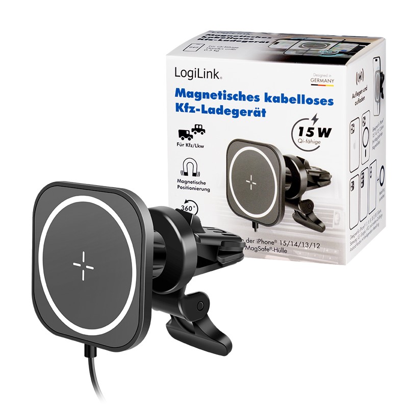PA0329  Soporte magnético para smartphone para coche con función de carga, USB-A 15W-18W  Cuadrado  negro. Logilink