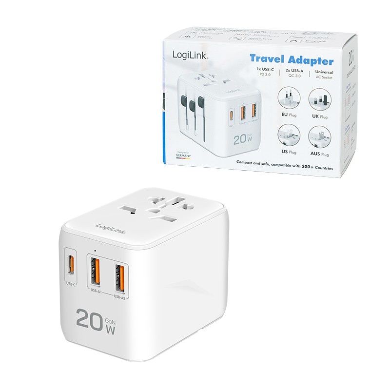 PA0356  Cargador de viaje universal, 20 W (PD), 4 conexiones, ignífuga,  (EU/UK/US/AUS) Blanco Logilink