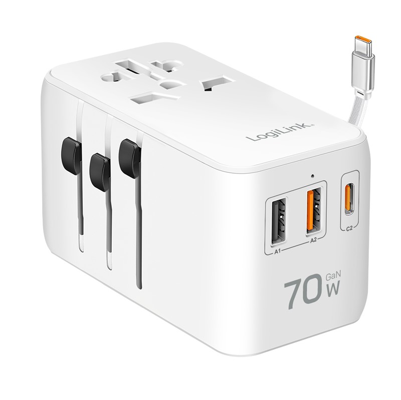 PA0357  Cargador de viaje universal, 70 W (PD), 4 conexiones,Cable, ign&iacute;fuga,  (EU/UK/US/AUS) Blanco Logilink