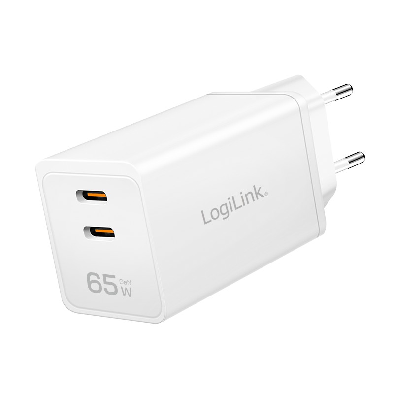 PA0367  Cargador  65W USB 2 puert. USB-C Blanco GAN (PD 3.0/QC 4.0), Logilink