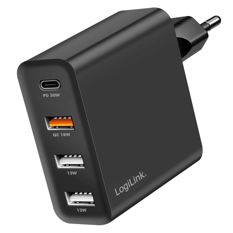 PA0377  Cargador  48W USB 4 puert. 1 USB-C PD, 3 USB-A, QC 3.0 GAN , NEGRO, Logilink